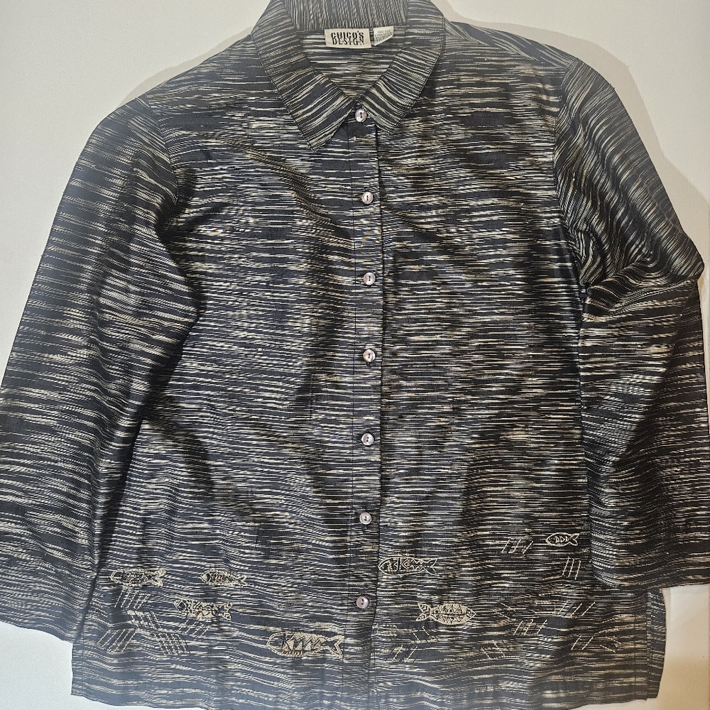 Chicos‎ Silk Button Up Blouse Womens Size 2 Black Gold